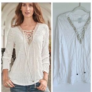 Sundance Legacy Lace Up Top Sz M Crinkle White Boho Embroidered Beaded Blouse